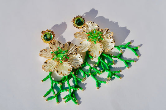 Green Beaded Handmade Floret Earrings