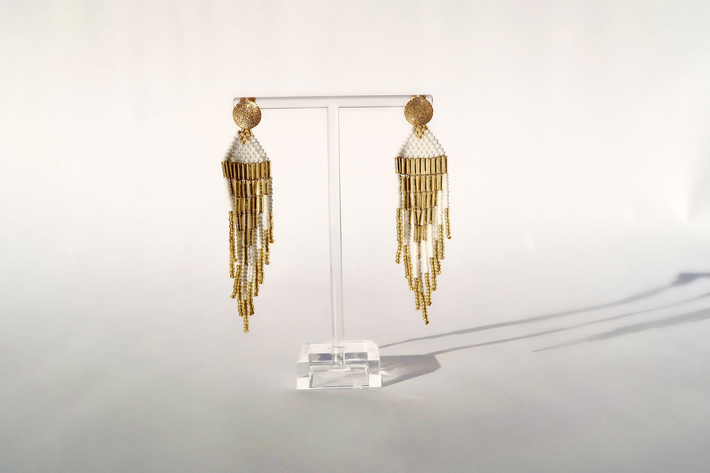 Handmade Gold and White Fringe Earrings