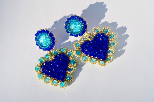 Blue Heart Shaped Beaded crystal  Earrings