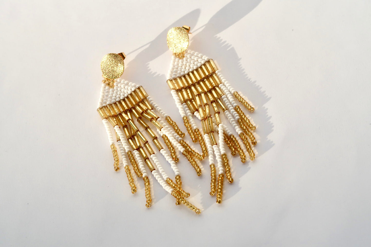 Handmade Gold and White Fringe Earrings