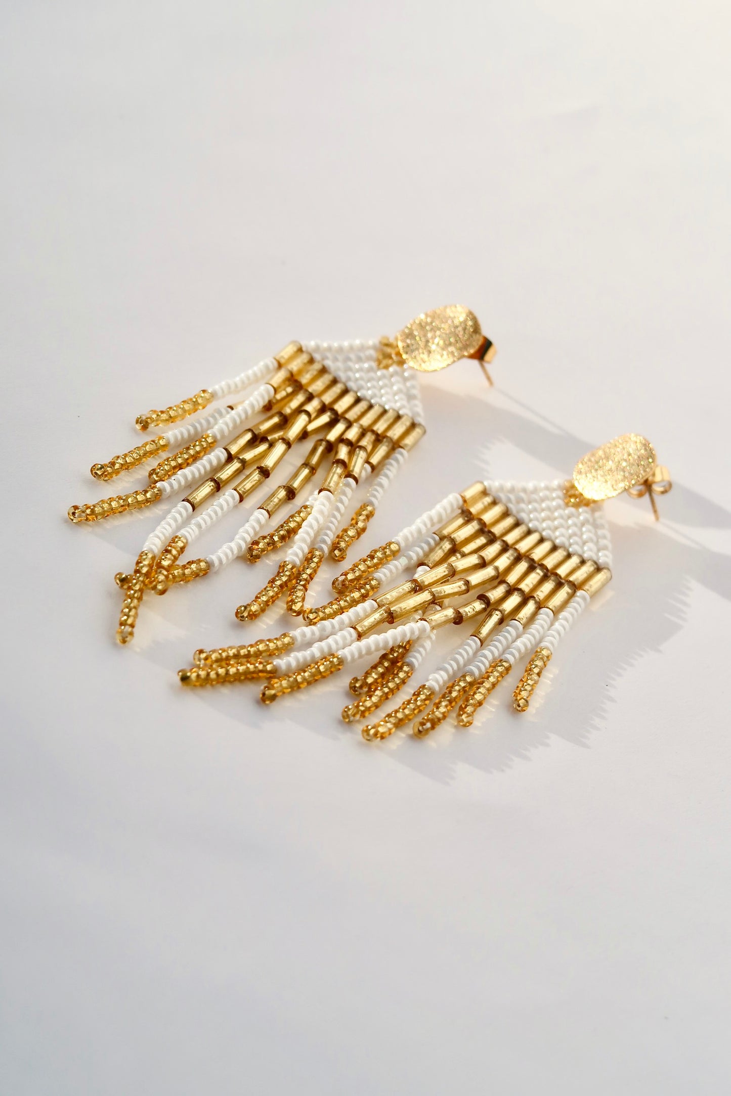 Handmade Gold and White Fringe Earrings