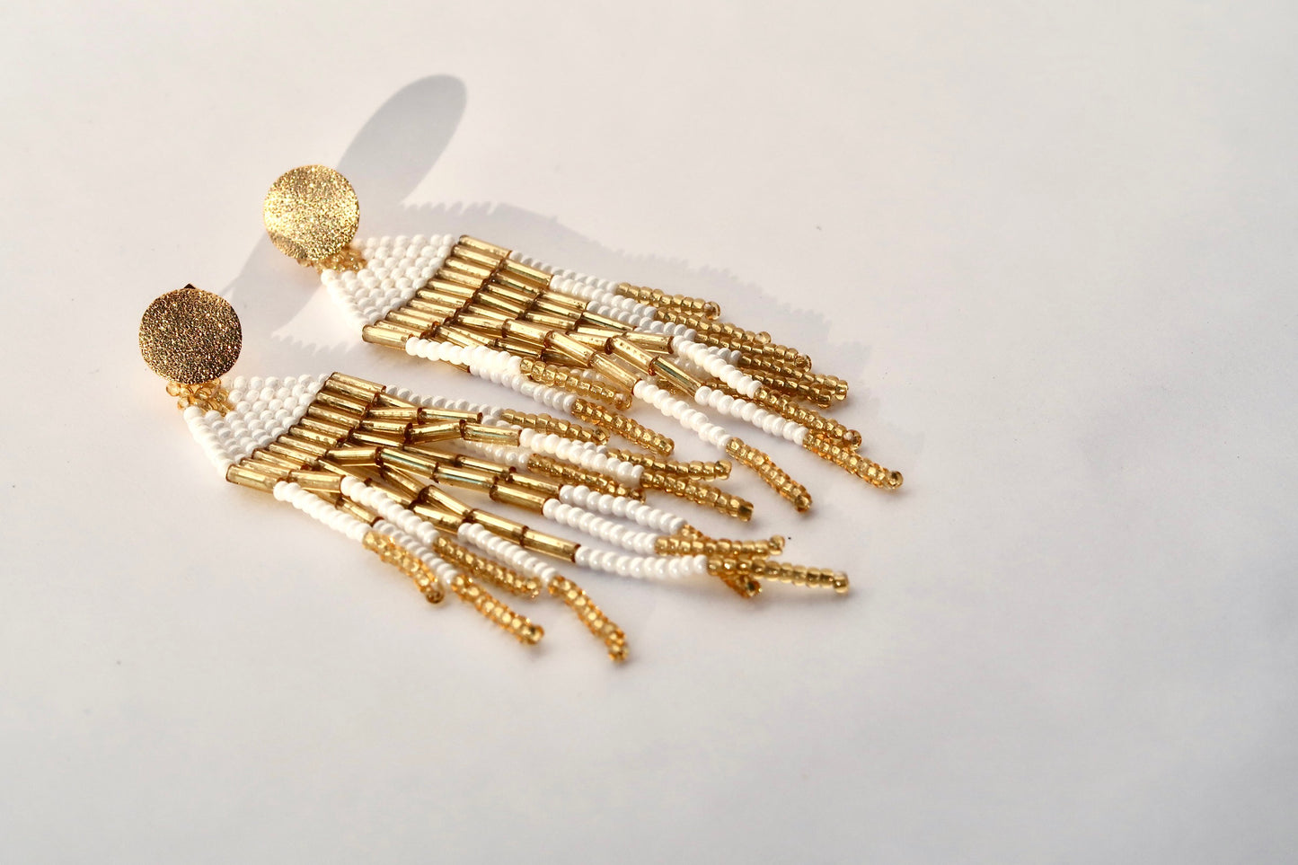 Handmade Gold and White Fringe Earrings