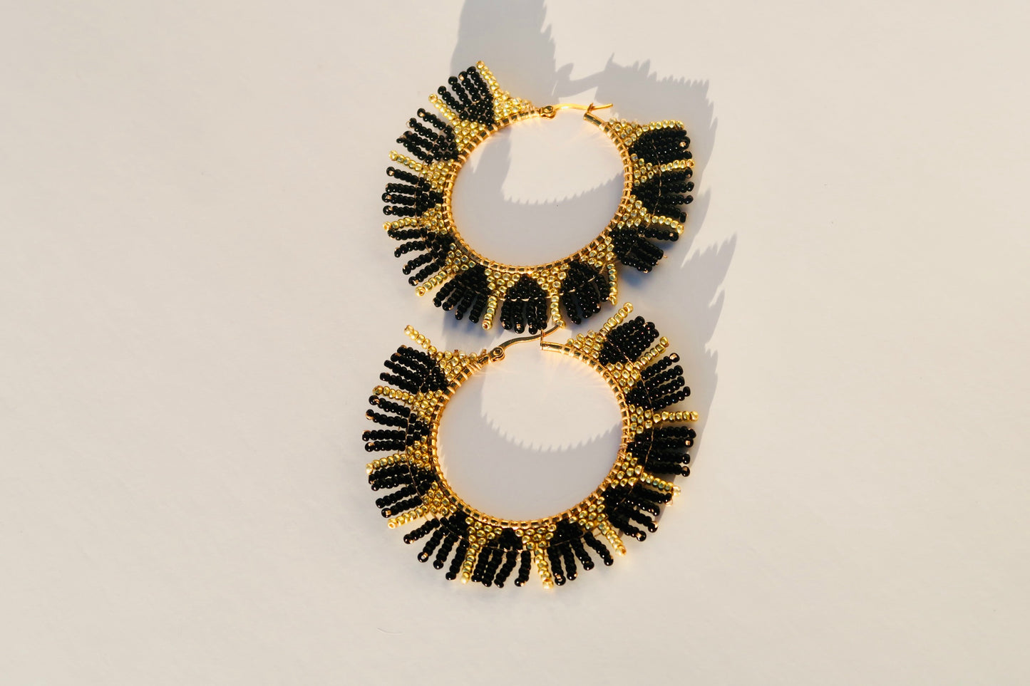 Handmade Gold and Black Beaded Hoops