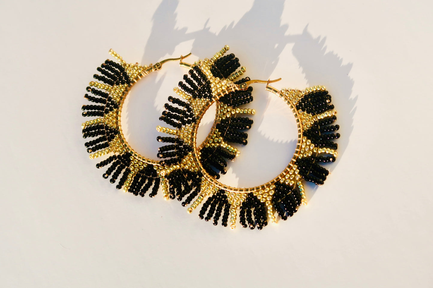 Handmade Gold and Black Beaded Hoops