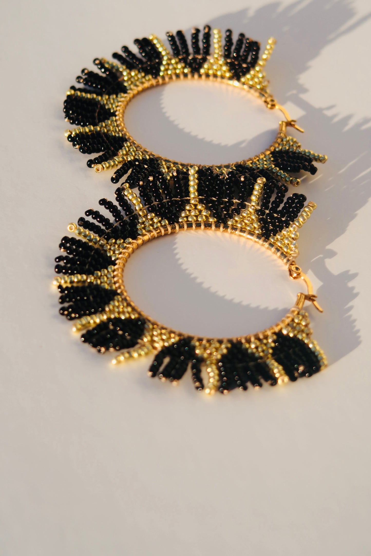 Handmade Gold and Black Beaded Hoops